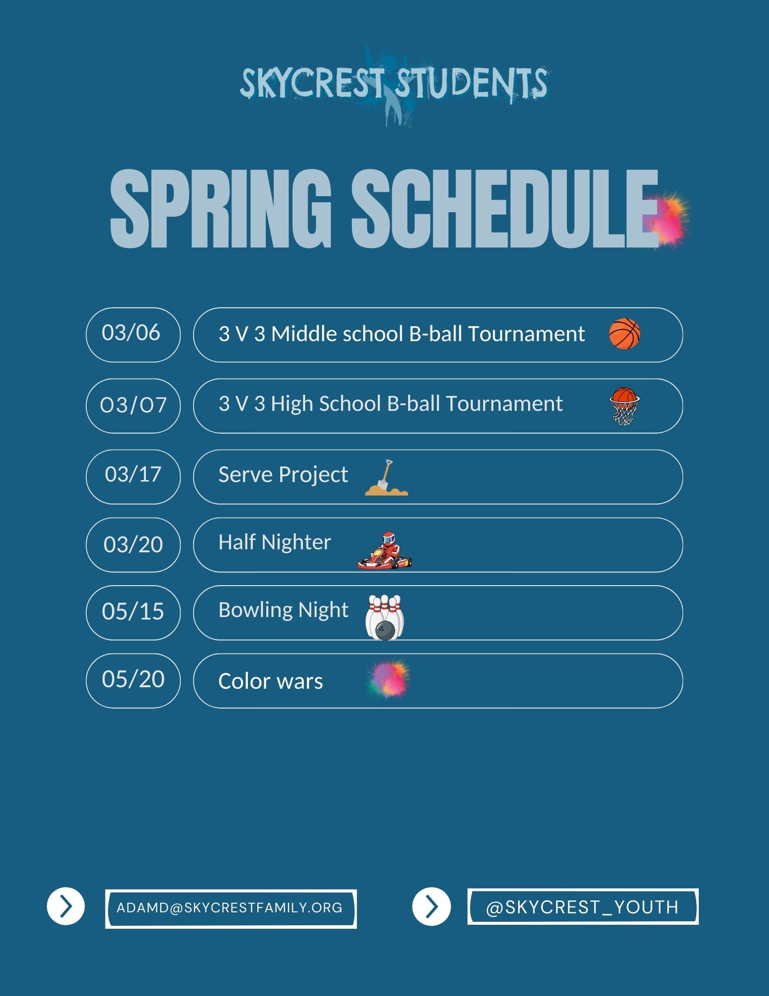 Skycrest Youth 2025 Spring Schedule